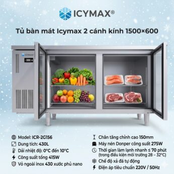 Tủ bàn mát Icymax 2 cánh kính 1500×600