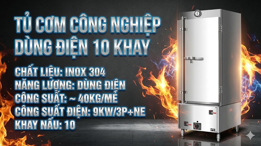 Tủ cơm công nghiệp dùng điện 10 khay vỏ inox