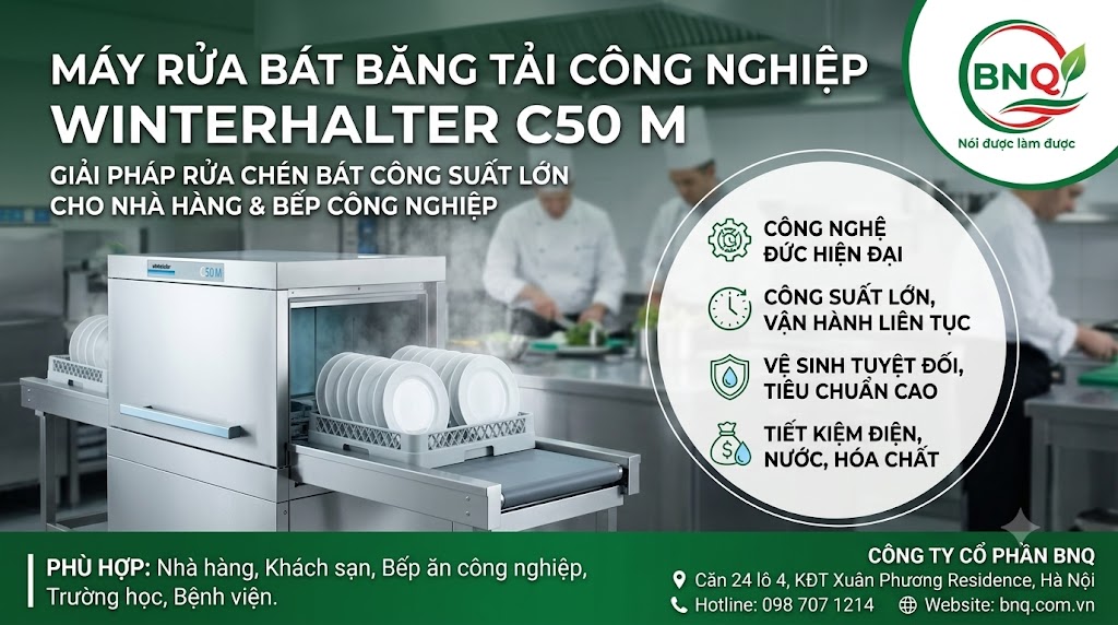 Máy rửa bát băng tải công nghiệp Winterhalter C50 M – Giải pháp rửa chén bát công suất lớn cho nhà hàng và bếp công nghiệp