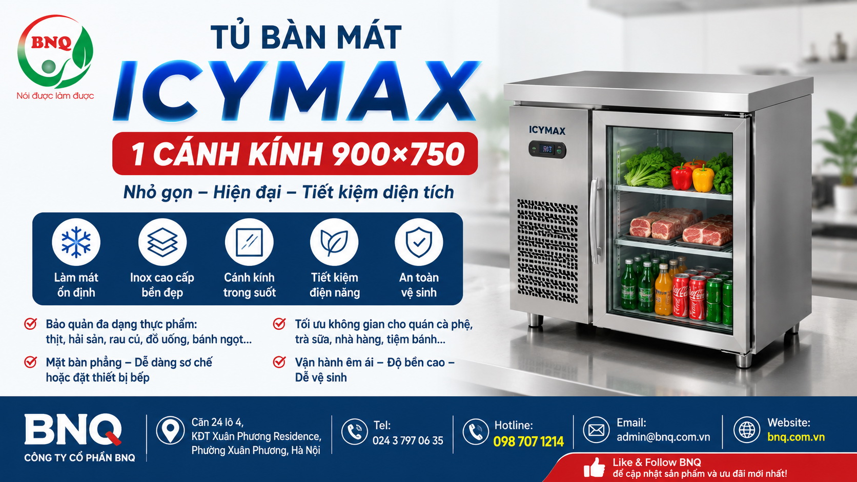 Tủ bàn mát Icymax 1 cánh kính 900×750 – Giải pháp bảo quản thực phẩm nhỏ gọn, hiện đại cho mọi gian bếp