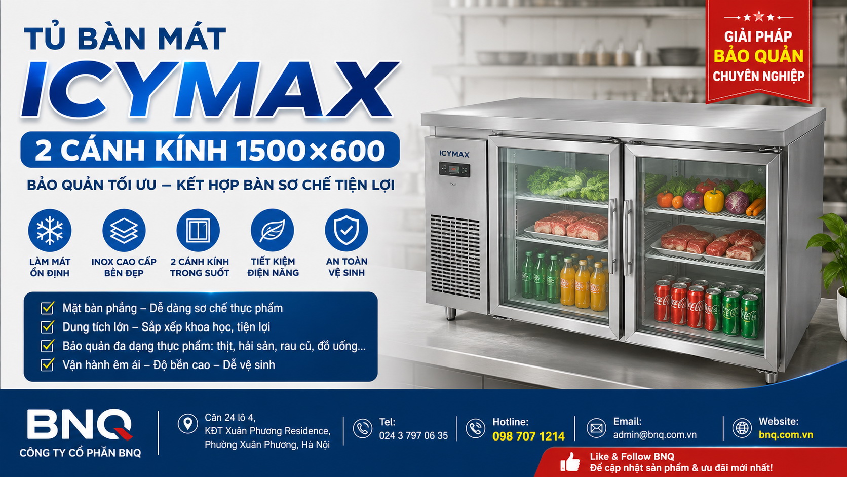 Tủ bàn mát Icymax 2 cánh kính 1500×600 – Giải pháp bảo quản thực phẩm chuyên nghiệp cho mọi gian bếp
