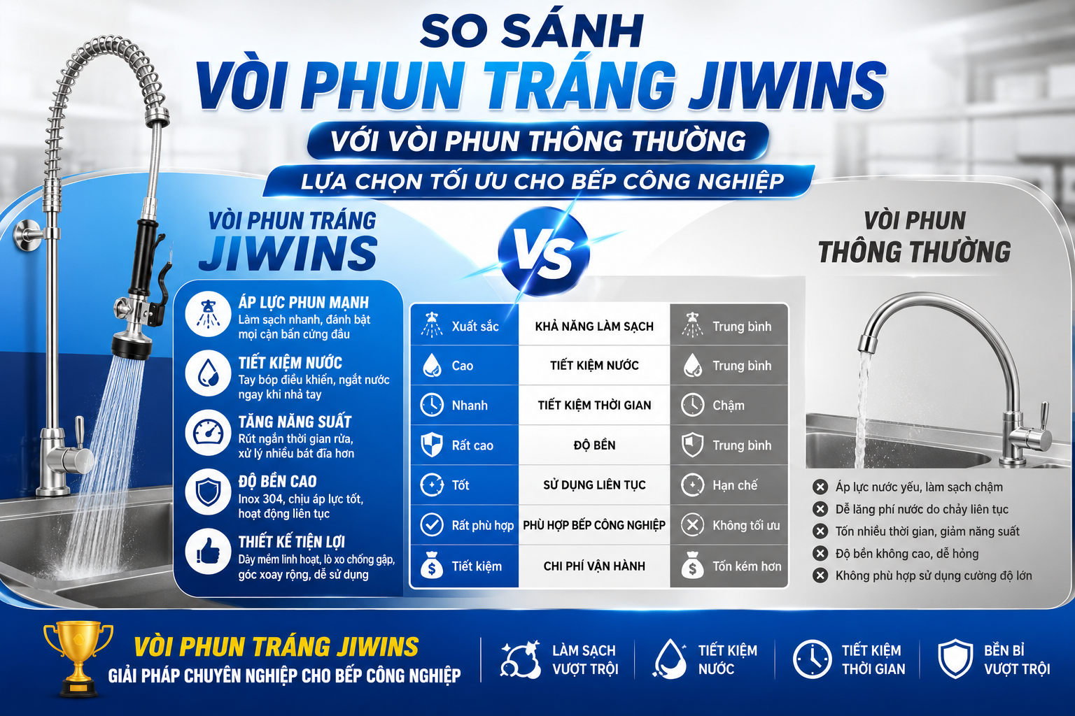 Vòi phun tráng Jiwins và quy trình sơ chế – rửa chén chuyên nghiệp