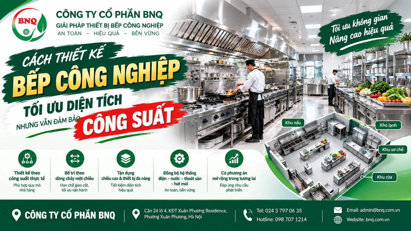 Cách thiết kế bếp công nghiệp tối ưu diện tích nhưng vẫn đảm bảo công suất