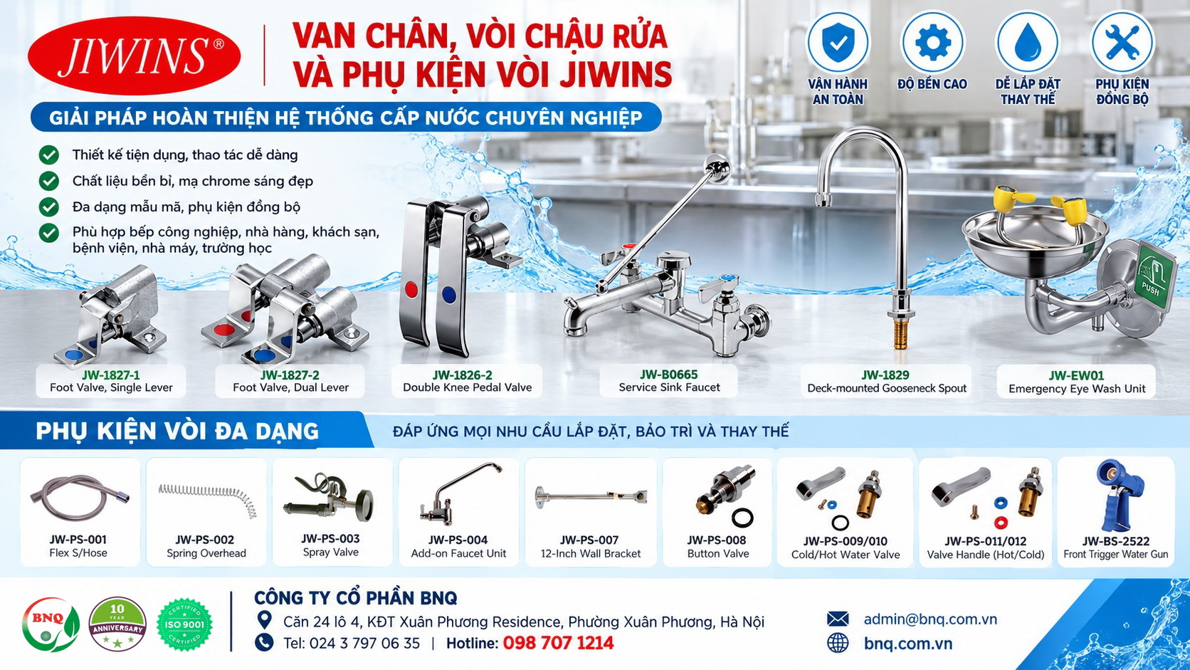 Bộ van chân, vòi chậu rửa và phụ kiện vòi JIWINS – Giải pháp hoàn thiện hệ thống cấp nước chuyên nghiệp
